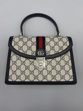 Load image into Gallery viewer, Gucci GG Supreme Monogram Textured Dollar Calfskin Web Small Ophidia Padlock Top Handle Bag Beige Ebony New Acero