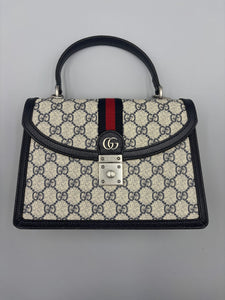 Gucci GG Supreme Monogram Textured Dollar Calfskin Web Small Ophidia Padlock Top Handle Bag Beige Ebony New Acero