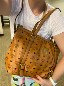 MCM Visetos Cognac logo tote with strap