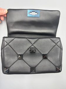 Valentino Nappa Monochrome Medium Roman Stud Shoulder Bag Black on black