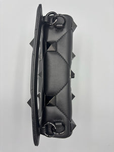 Valentino Nappa Monochrome Medium Roman Stud Shoulder Bag Black on black