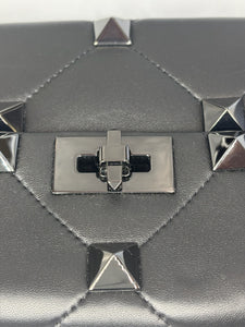 Valentino Nappa Monochrome Medium Roman Stud Shoulder Bag Black on black