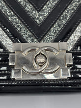 Load image into Gallery viewer, Chanel Small Chevron glitter black patent chain bag