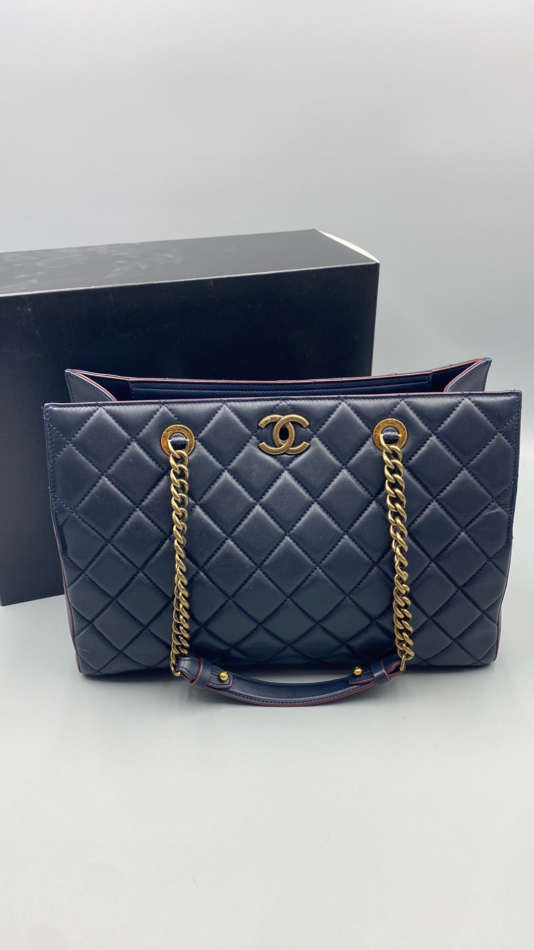 Chanel Navy Blue Perfect Edge double chain tote