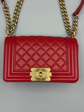 Load image into Gallery viewer, Chanel Red Lambskin Small Boy crossbody with GHW