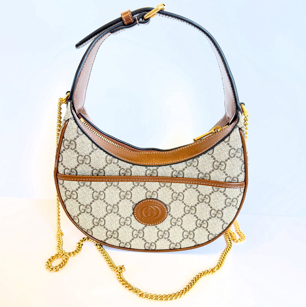 Gucci GG Supreme Monogram Azalea Calfskin Half Moon crossbody on chain