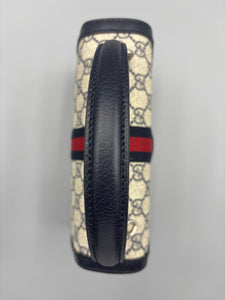 Gucci GG Supreme Monogram Textured Dollar Calfskin Web Small Ophidia Padlock Top Handle Bag Beige Ebony New Acero