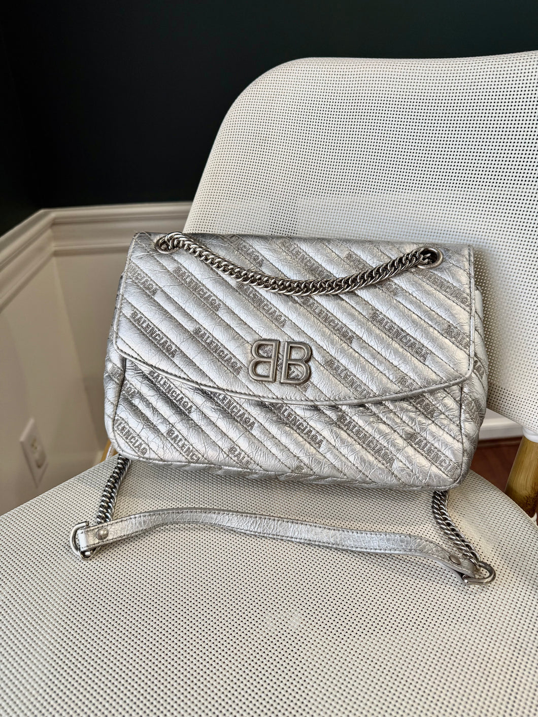 Balenciaga BB two-way silver chain crossbody / shoulder bag