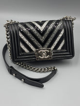 Load image into Gallery viewer, Chanel Small Chevron glitter black patent chain bag
