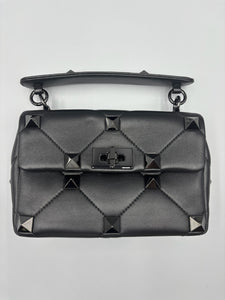 Valentino Nappa Monochrome Medium Roman Stud Shoulder Bag Black on black