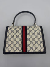 Load image into Gallery viewer, Gucci GG Supreme Monogram Textured Dollar Calfskin Web Small Ophidia Padlock Top Handle Bag Beige Ebony New Acero