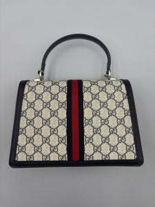Gucci GG Supreme Monogram Textured Dollar Calfskin Web Small Ophidia Padlock Top Handle Bag Beige Ebony New Acero