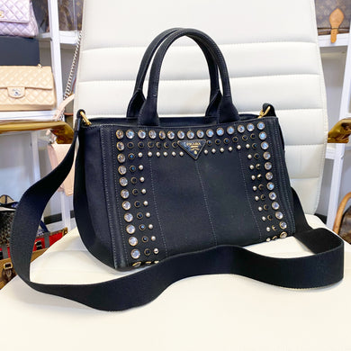 Prada Small Blck Studded crystals Canapa with strap