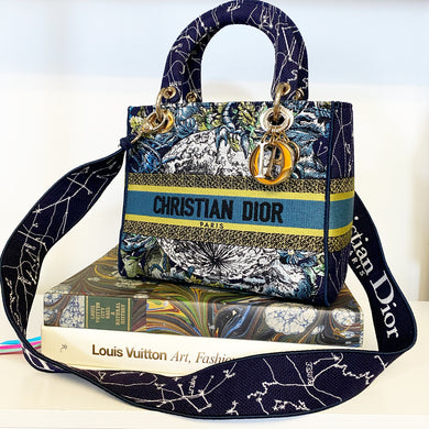 Christian Dior Canvas Embroidered Zodiac Medium Lady D-Lite Blue Multicolor