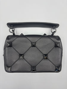 Valentino Nappa Monochrome Medium Roman Stud Shoulder Bag Black on black
