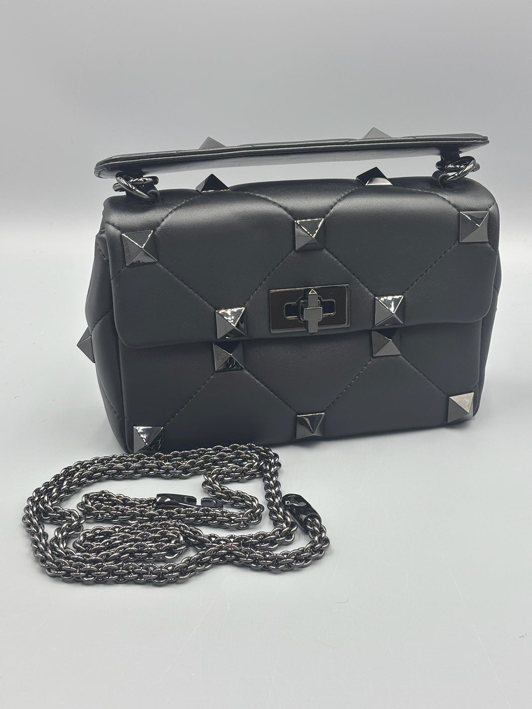 Valentino Nappa Monochrome Medium Roman Stud Shoulder Bag Black on black