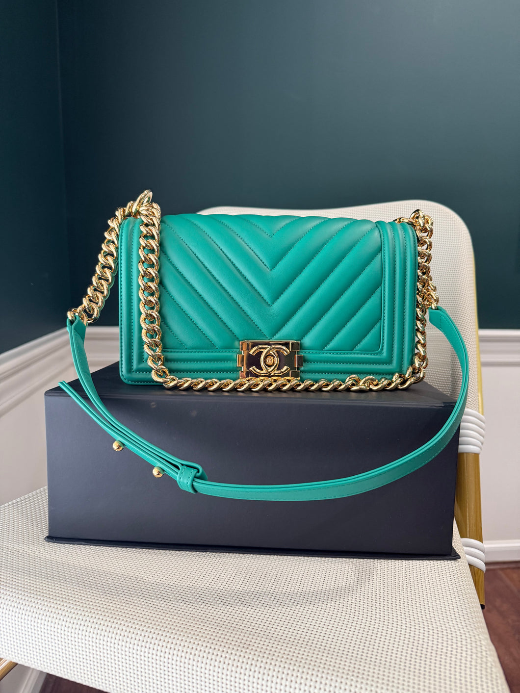 Chanel Teal Chevron old medium bag