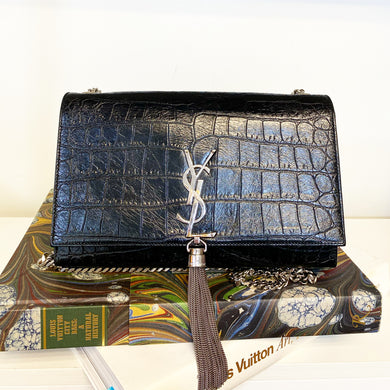 YSL Small Kate Black Embossed Croc crossbody with chain