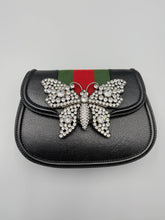 Load image into Gallery viewer, Gucci Black Calfskin Web Crystal Butterfly Stripe Small Totem with strap