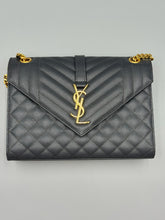 Load image into Gallery viewer, YSL Medium Grey/Blue Triquilt flap on chain