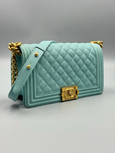 Load image into Gallery viewer, Chanel Tiffany Blue Caviar Medium Boy on chain