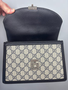 Gucci GG Supreme Monogram Textured Dollar Calfskin Web Small Ophidia Padlock Top Handle Bag Beige Ebony New Acero