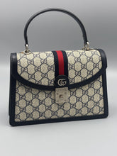 Load image into Gallery viewer, Gucci GG Supreme Monogram Textured Dollar Calfskin Web Small Ophidia Padlock Top Handle Bag Beige Ebony New Acero
