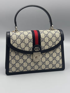 Gucci GG Supreme Monogram Textured Dollar Calfskin Web Small Ophidia Padlock Top Handle Bag Beige Ebony New Acero