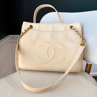 Chanel CC Eggshell Caviar shoulder tote