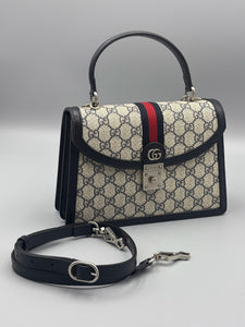 Gucci GG Supreme Monogram Textured Dollar Calfskin Web Small Ophidia Padlock Top Handle Bag Beige Ebony New Acero