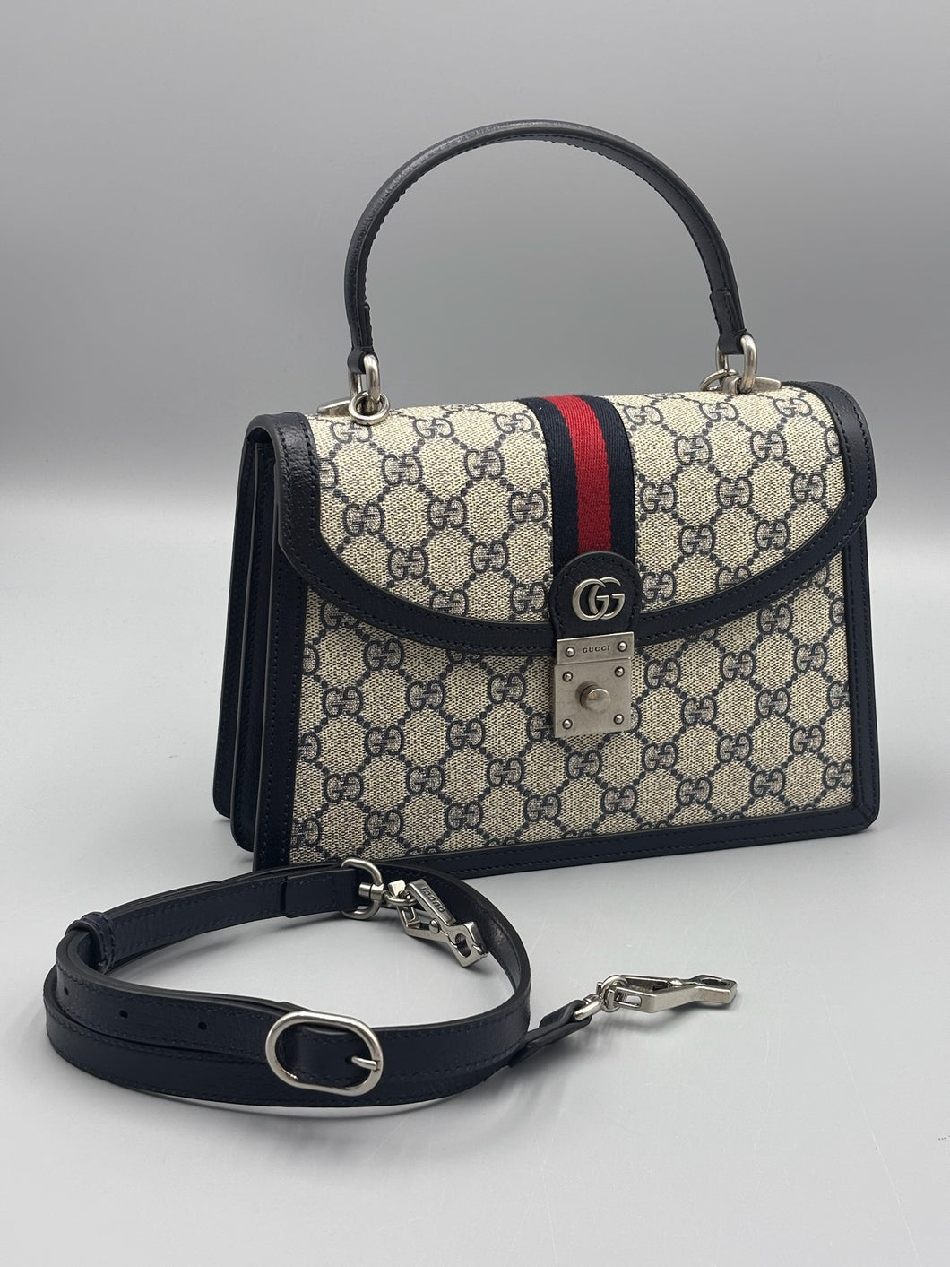 Gucci GG Supreme Monogram Textured Dollar Calfskin Web Small Ophidia Padlock Top Handle Bag Beige Ebony New Acero