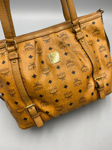 MCM Visetos Cognac logo tote with strap