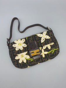 Vintage Fendi Zucca Zucchino Floral Embroidered Canvas Monogram Baguette  Shoulder Bag – Recess